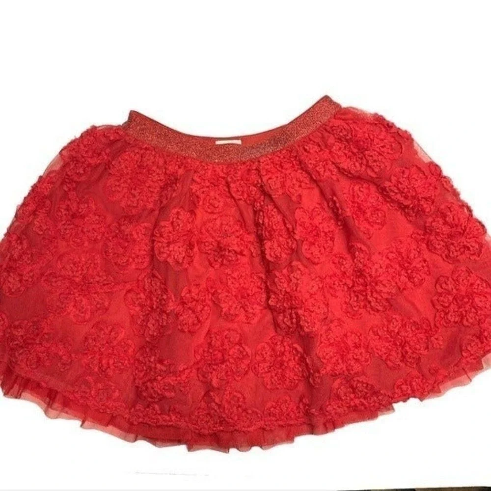 Children's Place Girls Red Floral Tulle Skirt Holiday Sparkle Elastic Waist 7/8